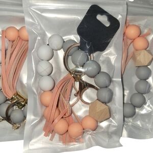 Gray and Peach Beaded Keychain Bracelet With Tassle